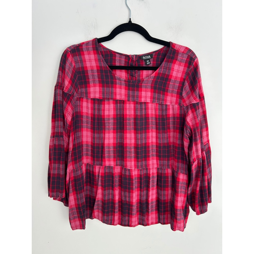 ana A New Approach Pink Red Flannel Plaid Tiered Bell Sleeve Blouse XXL‎ Womens